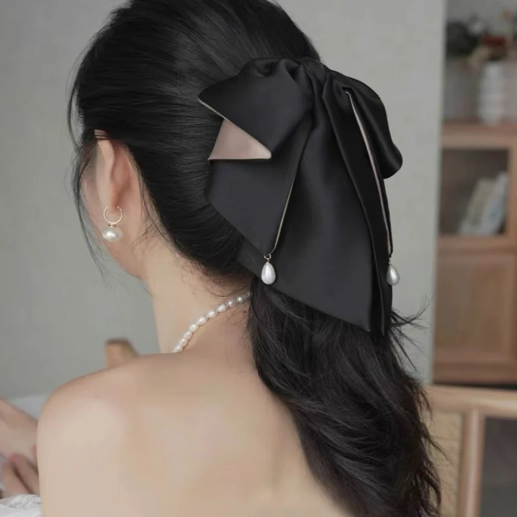 法式缎面拼接蝴蝶结大号抓夹女优雅后脑勺低马尾发卡气质发夹头饰
