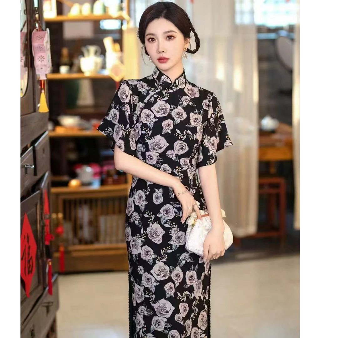SYGJ-810-玫瑰花轻纱复古旗袍