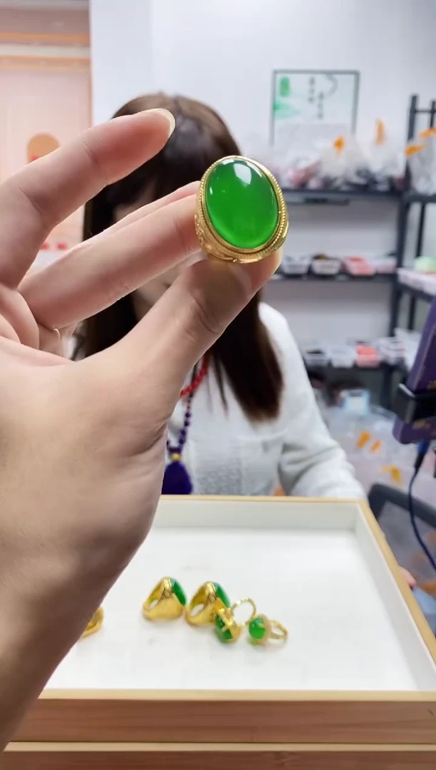 合金戒指玛瑙/玉髓极光绿玛瑙玉石戒指