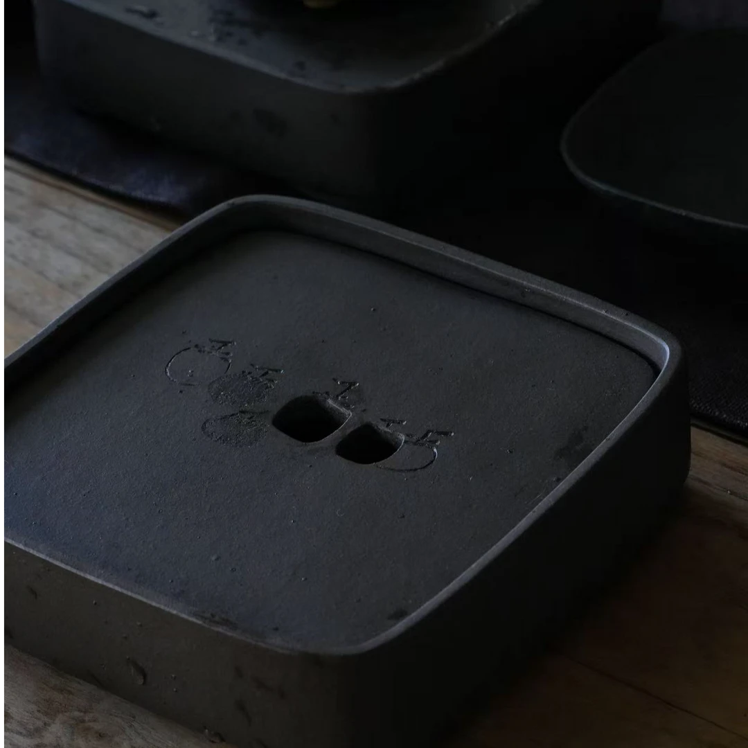 闲斋【柿柿如意壶承】紫泥 紫砂茶盘 带刻绘 尺寸16*16*4