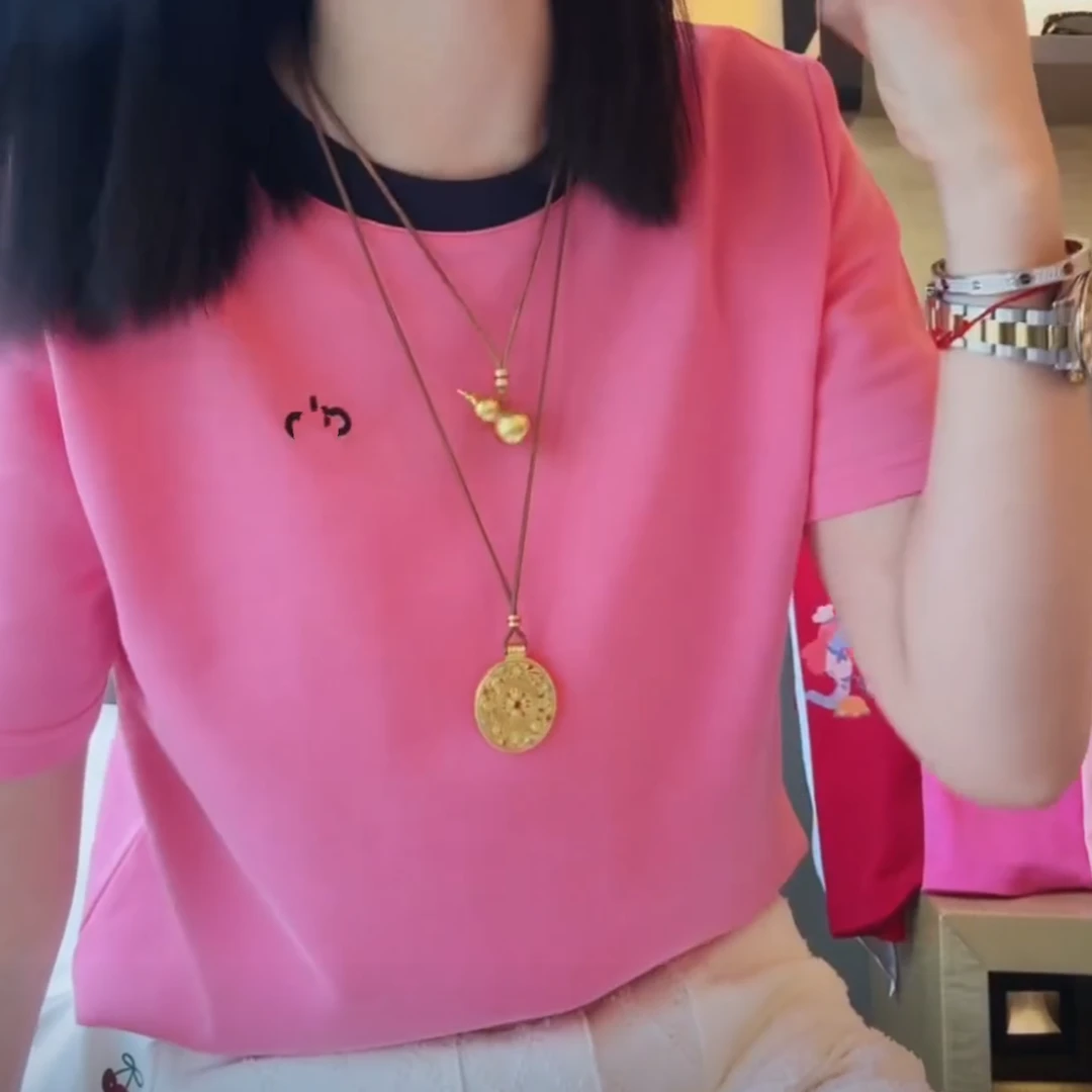 欧若风字母刺绣领口上衣2025春夏新款时尚设计感撞色拼接短袖t恤