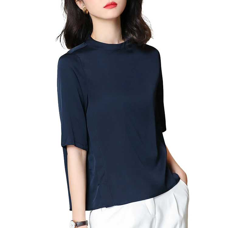 2025春季新款半袖小衫洋气19姆米真丝弹力缎五分袖衬衫女显瘦气质