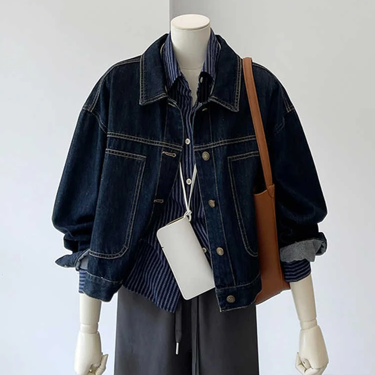 港风复古藏青色胸前大口袋小个子夹克设计叠穿宽松工装牛仔外套女