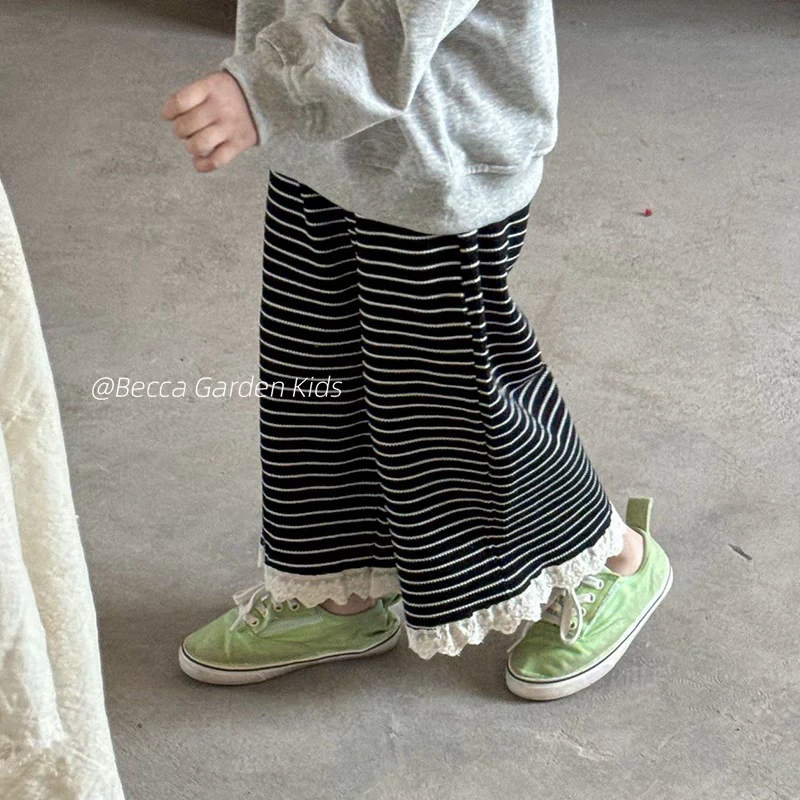 韩国童装女童可爱花边条纹阔腿裤春季新品女宝宝慵懒风休闲直筒裤