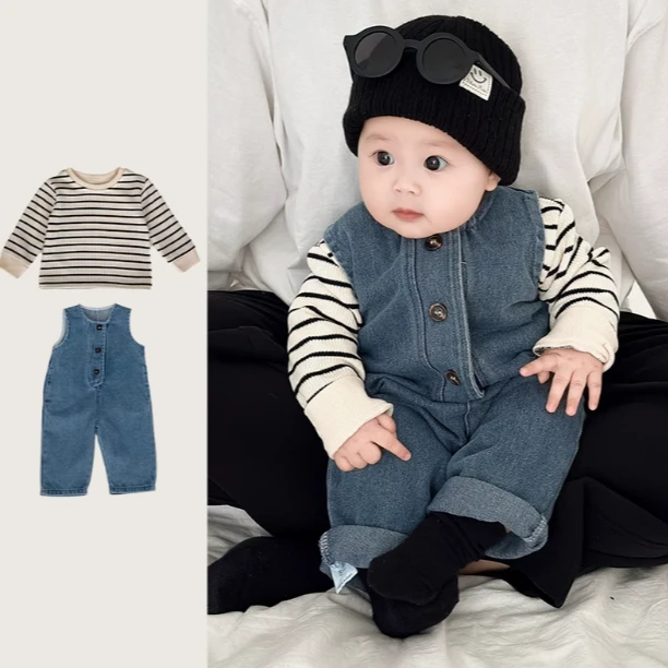 婴儿春款套装宝宝春秋衣服韩范婴幼儿洋气牛仔背带两件套外出服