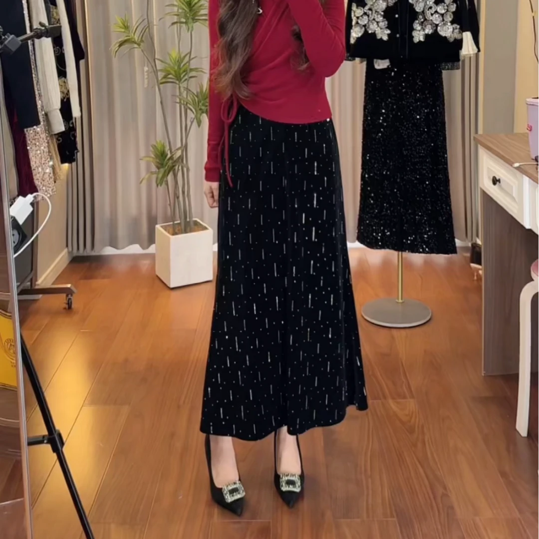 秋季新款[ 暗夜鎏金 ]烫钻金丝绒直筒鱼尾摆包臀半身裙