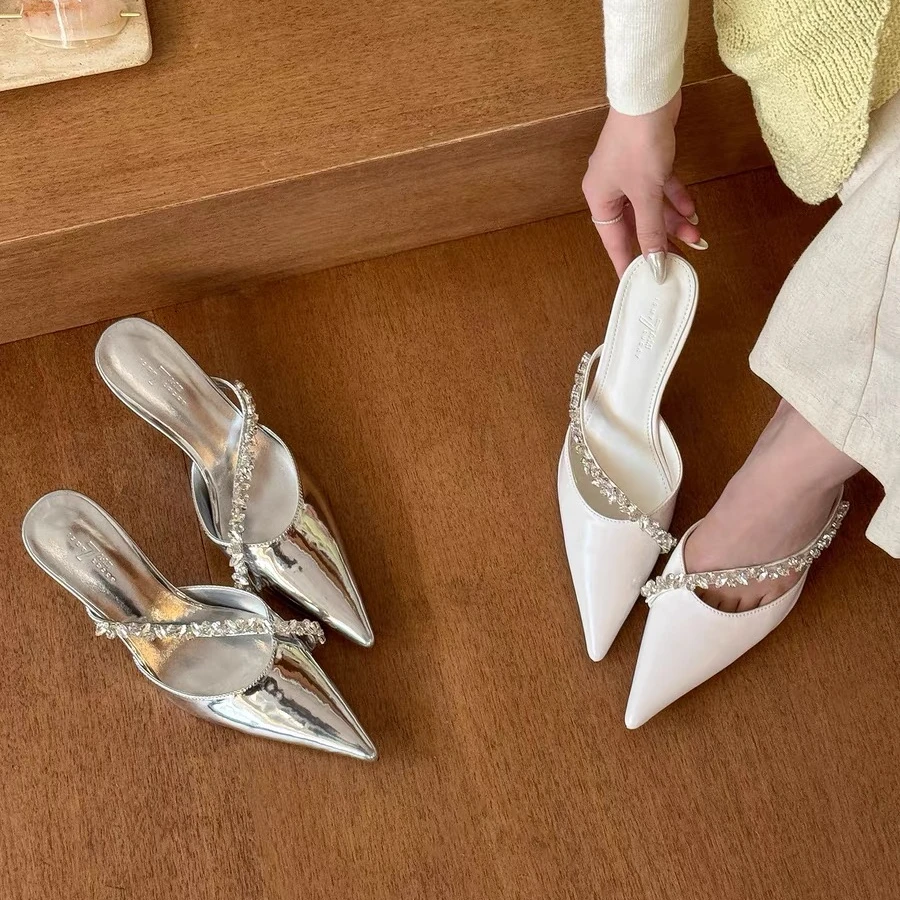 小众银色细高跟鞋子仙女链条包头尖头凉鞋穆勒拖鞋半拖鞋女外穿