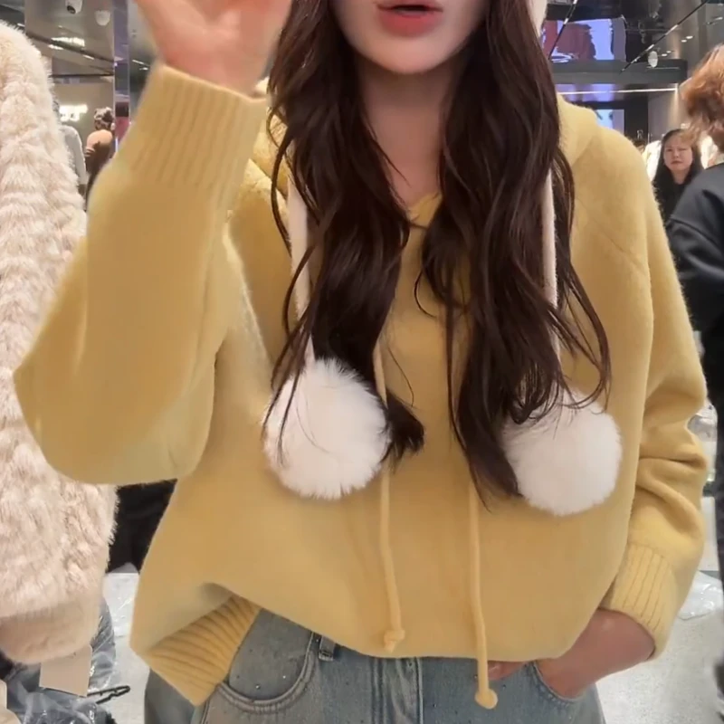 【糖果毛衣】秋冬宽松抽绳连帽软绵针织衫毛皮衣女LK2509111