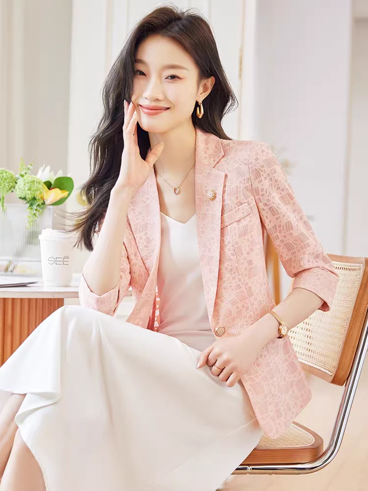 A区3901夏季薄款蕾丝七分袖修身小西装外套女时尚气质休闲外套