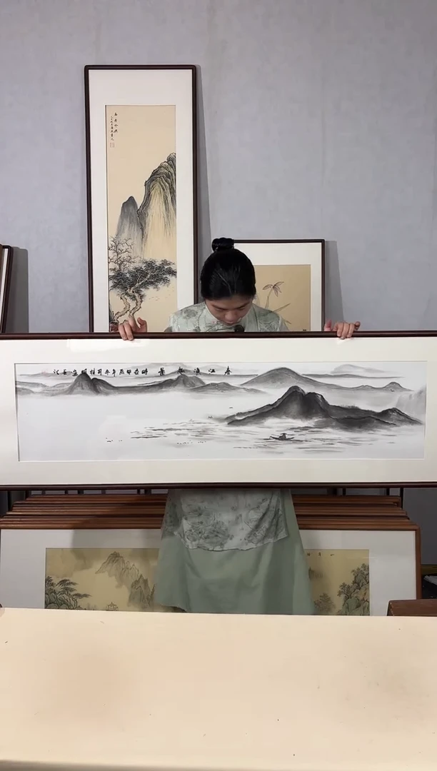 国画手绘*春江渔趣*52*172cm实木框