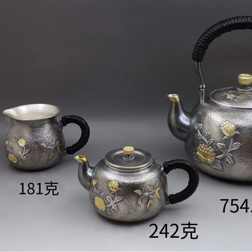 足银银制品 足银999纯手工双面錾刻梅兰竹菊银壶