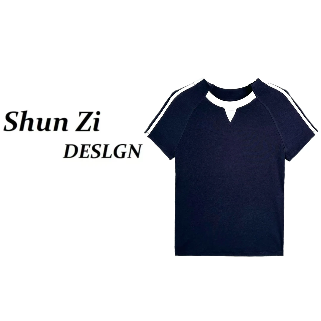 顺子/SZ7037-1 夏季2025时尚个性静奢拼接撞色修身显瘦T恤短袖