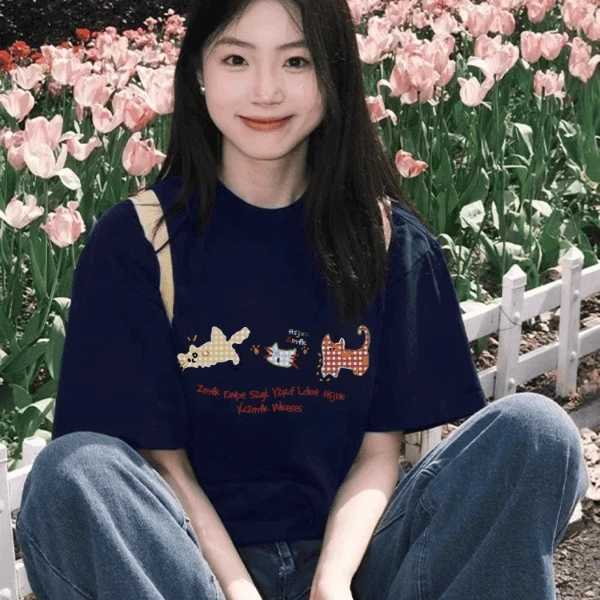 100%纯棉短袖t恤女夏季美式复古宽松慵懒松弛感半袖上衣高级感潮t