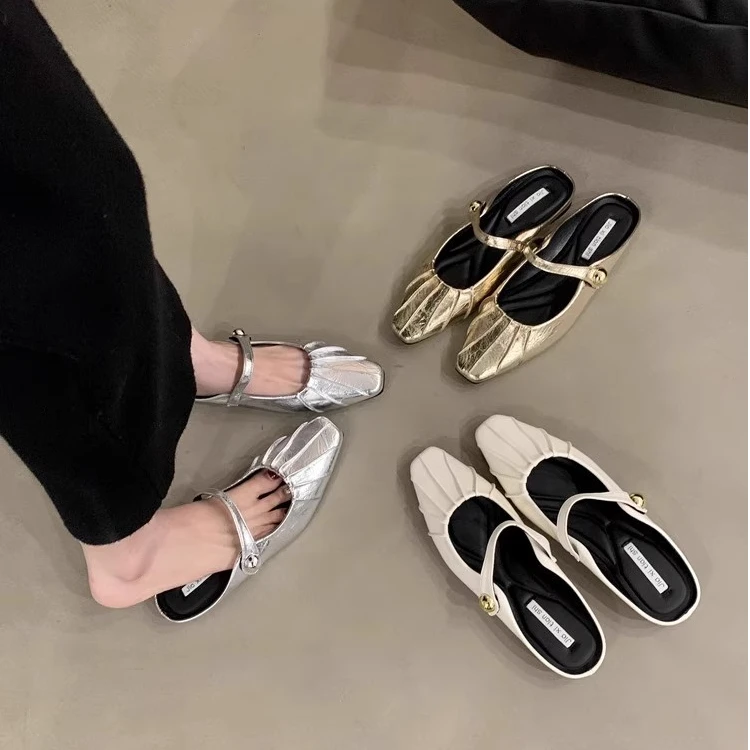 平底银色气质玛丽珍半托单鞋仙女鞋子女款春夏季配裙子包头半拖鞋