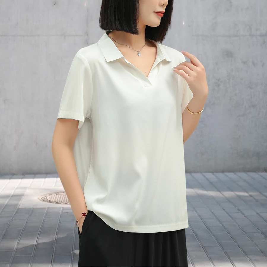 重磅真铜氨丝衬衫女夏季2025新款弹力缎翻领通勤气质衬衣短袖上衣