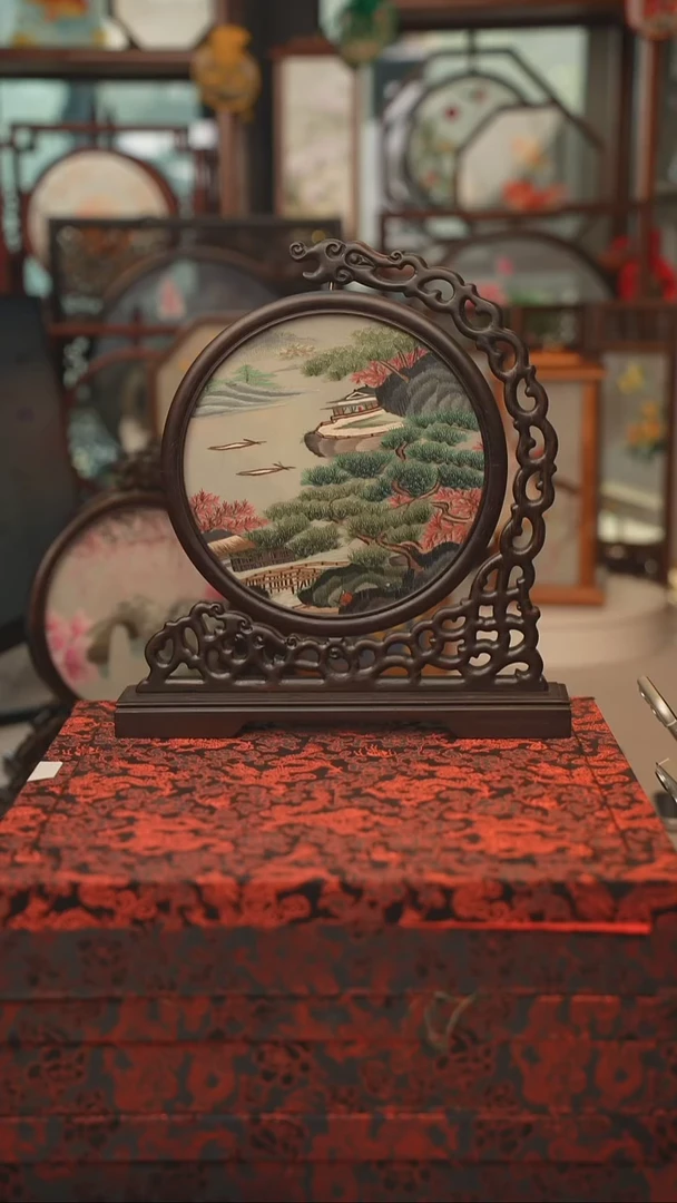 扇子龙头架 苏绣双面绣摆台