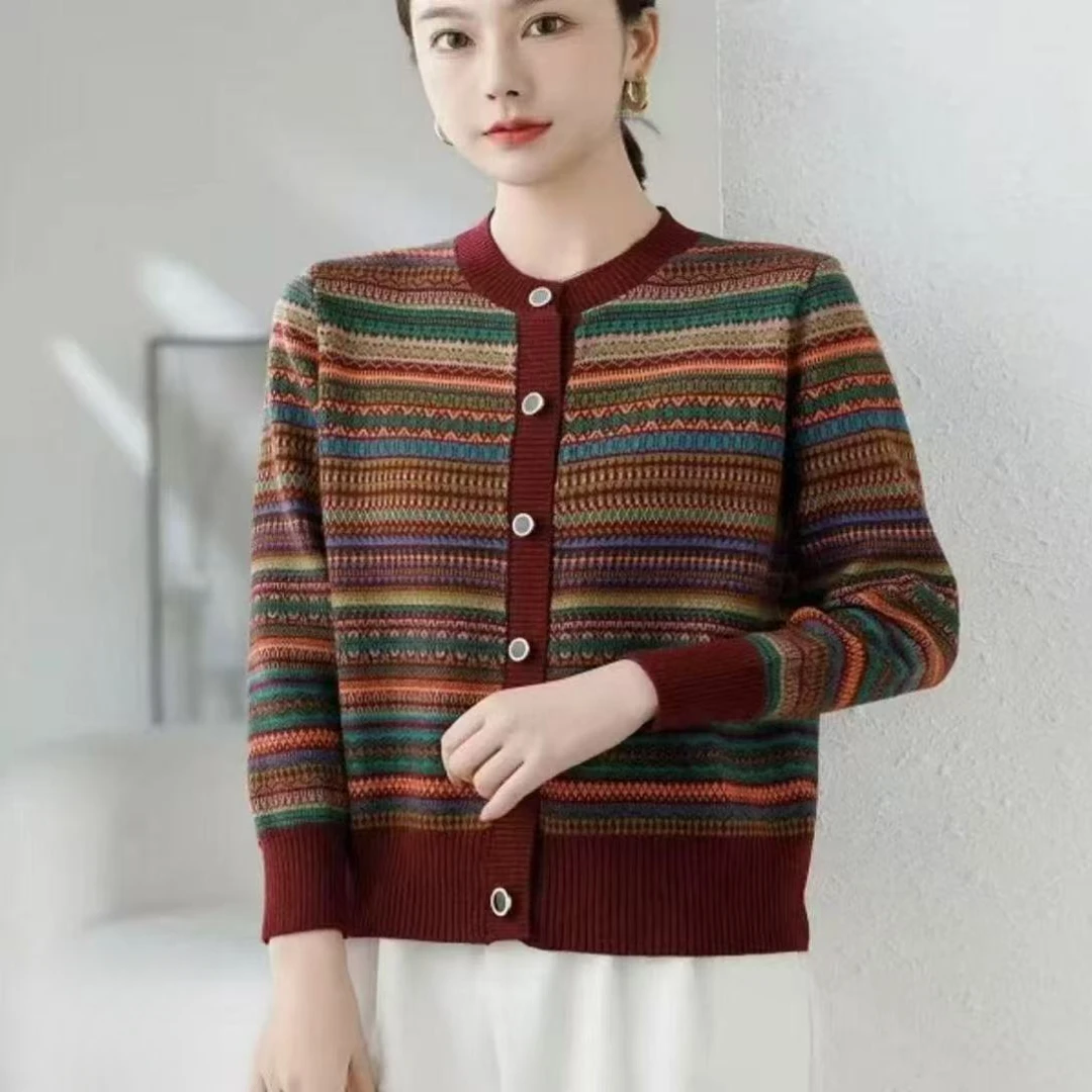 重磅爆款羊毛衫女士软糯复古秋冬提花开衫外套圆领短款羊绒上衣