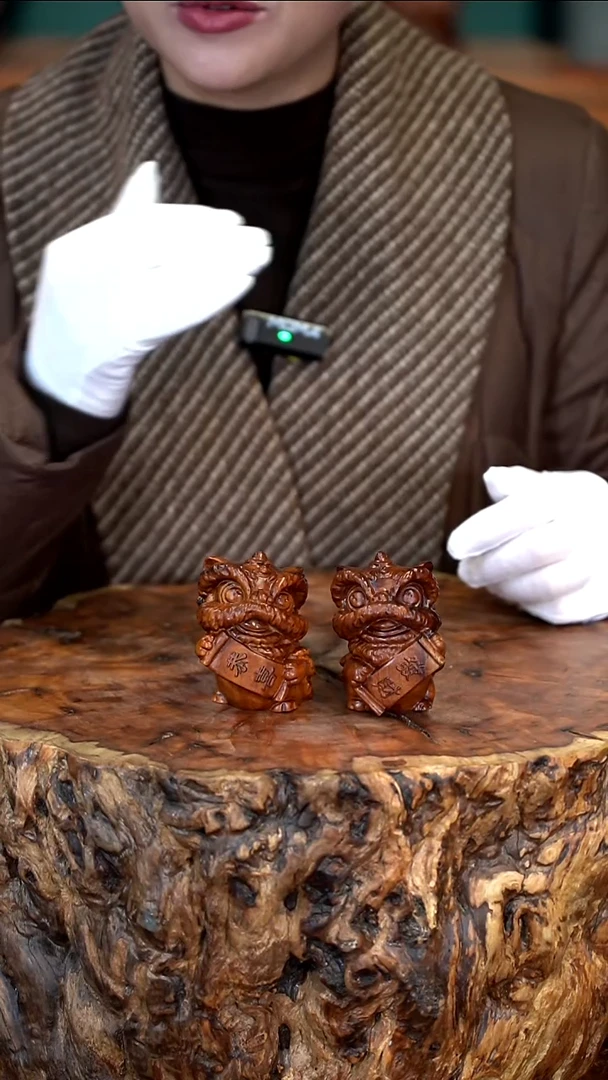 木雷击枣木招财狮一对