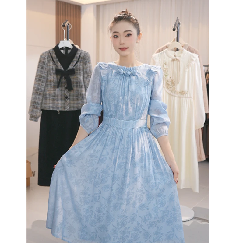 Y1819新款春秋季新中式超好看洋气蓝色显白连衣裙女