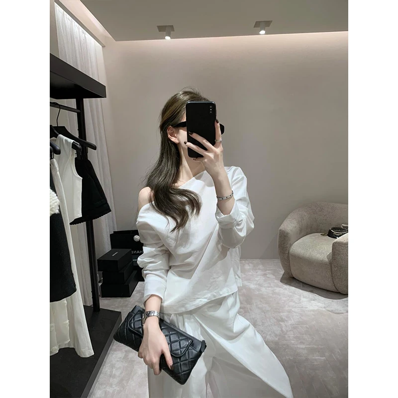纯色百搭宽松长袖衬衫上衣慵懒风独特设计感垂感阔腿裤长裤2025年