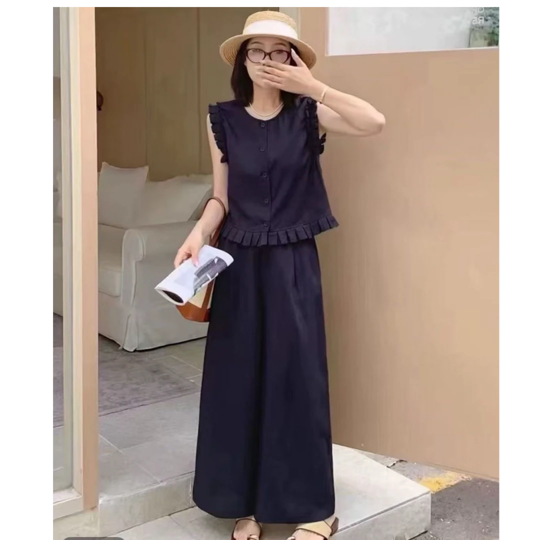 韩系贵气感时尚无袖短上衣休闲阔腿裤两件套套装女2025夏