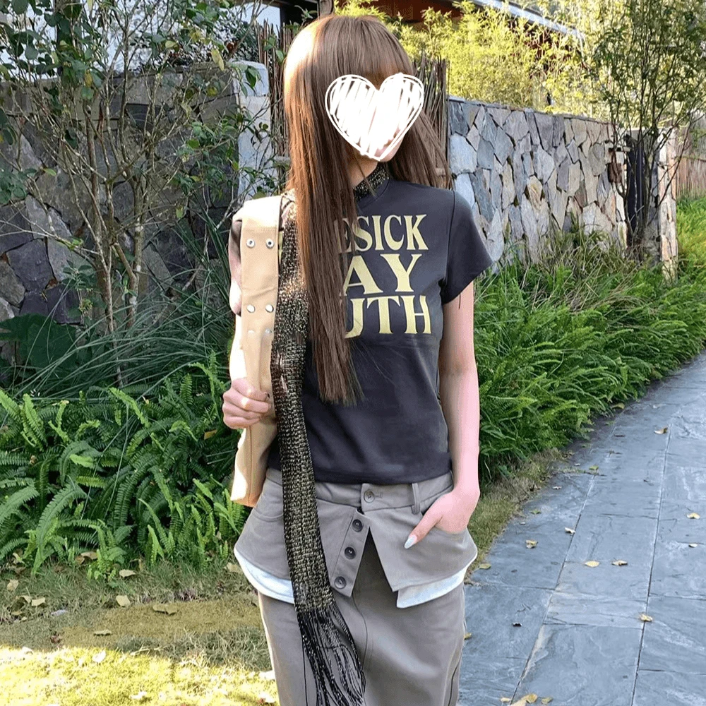 （运补6元）印花正肩短袖t恤女设计感基础百搭短款辣妹风显瘦上衣