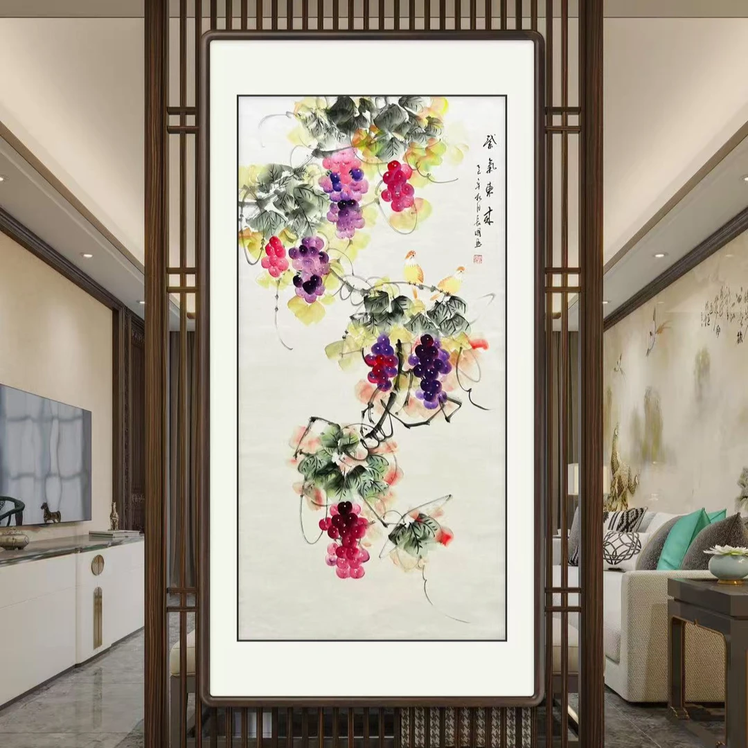 《紫气东来》国画葡萄玄关中堂装饰画书画字画挂画作品