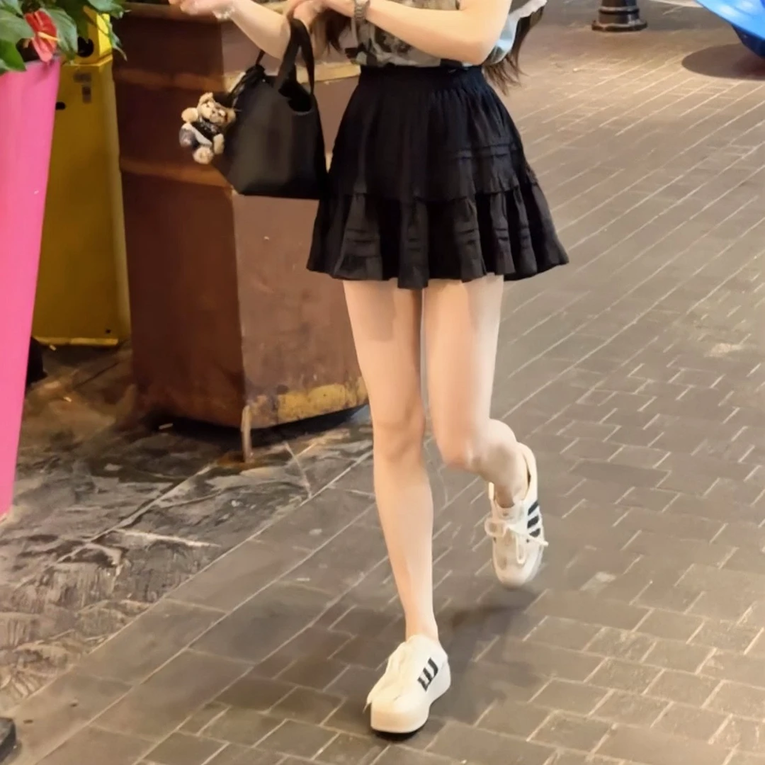 【静静衣橱】夏季新款高腰百搭半身裙拼接短裙荷叶边韩版半身裙6051