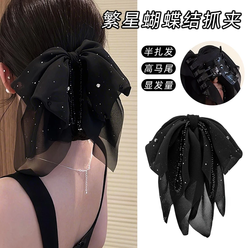 蝴蝶结飘带马尾抓夹女高级感2025新款后脑勺显发量半扎发夹鲨鱼夹