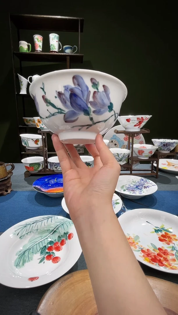 碗景德镇高温釉下彩6英寸高脚大面碗玉兰花