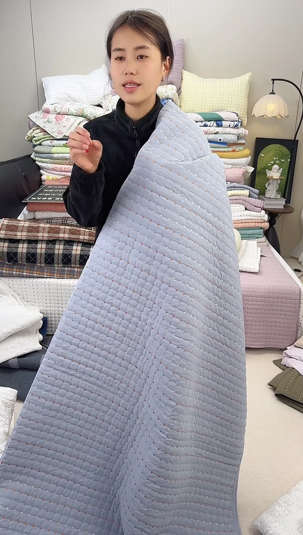 棉纯棉灰蓝米粒绣230*250三件套