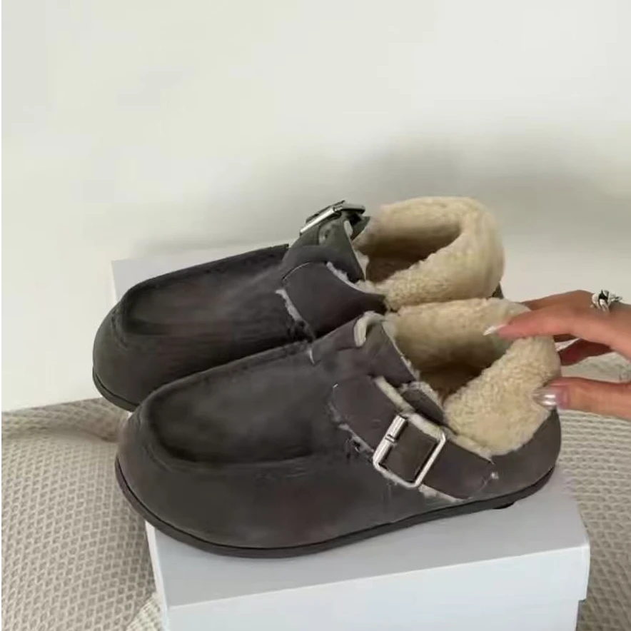 诗歌兰女鞋2025冬季新品真皮厚底羊毛休闲时尚复古乐福鞋勃肯棉鞋