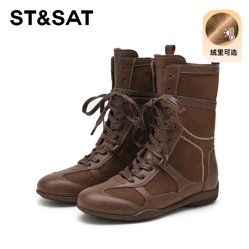 星期六复古棕色马丁靴女2025新款冬季加绒西部靴中筒靴棕色拳击靴