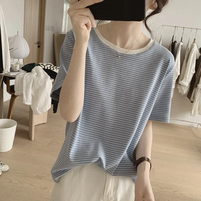 夏季新款纯棉条纹T恤女圆领韩版宽松显瘦减龄打底拼色短袖上衣