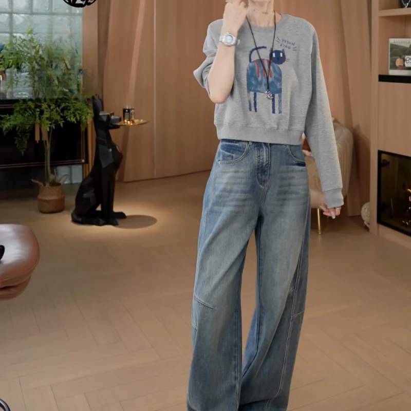 【棱镜 】 秋季气质休闲时尚圆领宽松上衣+百搭显瘦牛仔裤LK2505867