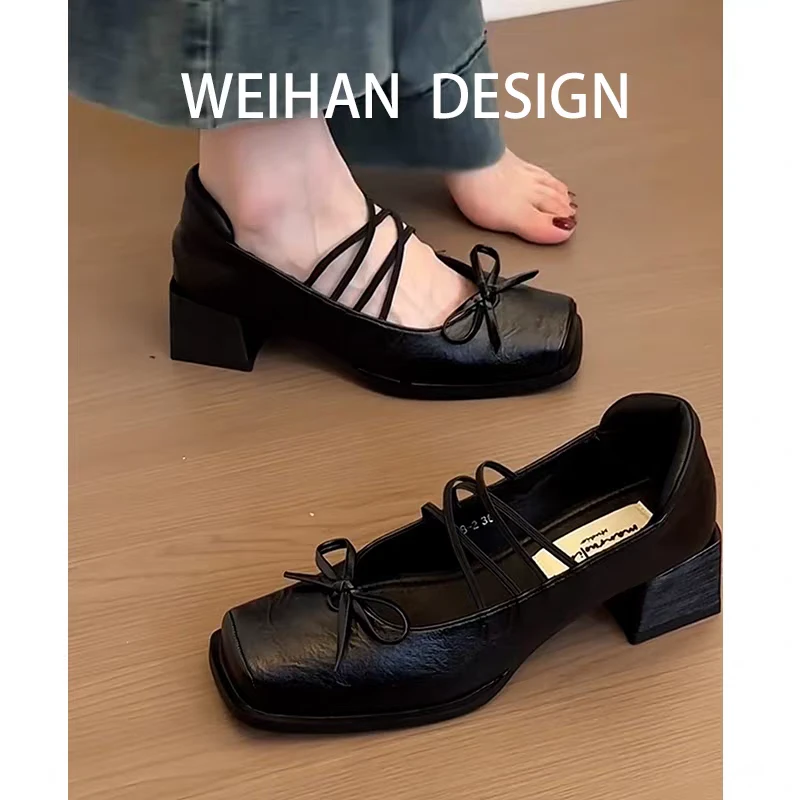 羊皮~法式单鞋女粗跟绝美不累脚高跟芭蕾鞋子复古蝴蝶结玛丽珍鞋