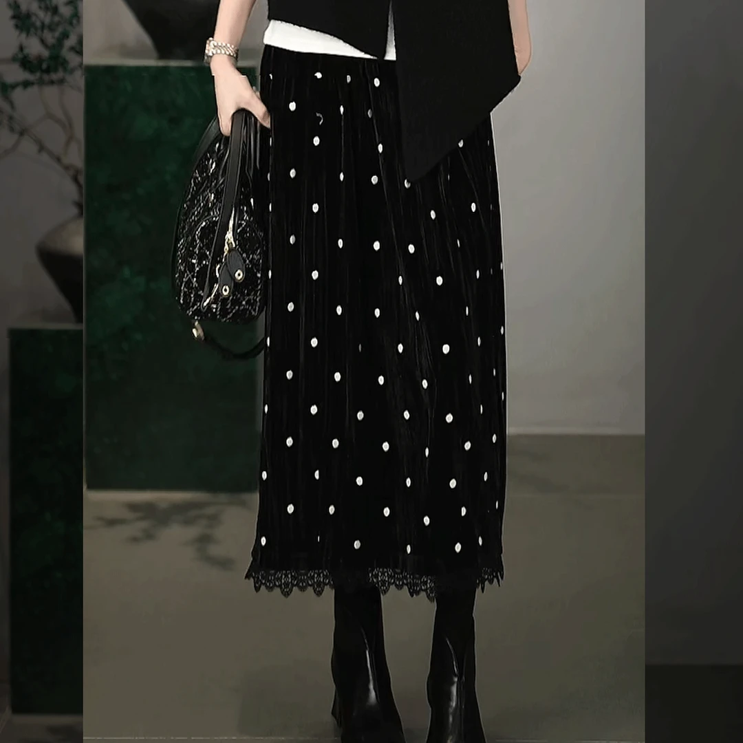 溶溶【星约仙境】RONGRONG 法式波点丝绒蕾丝花边半身裙2521H701