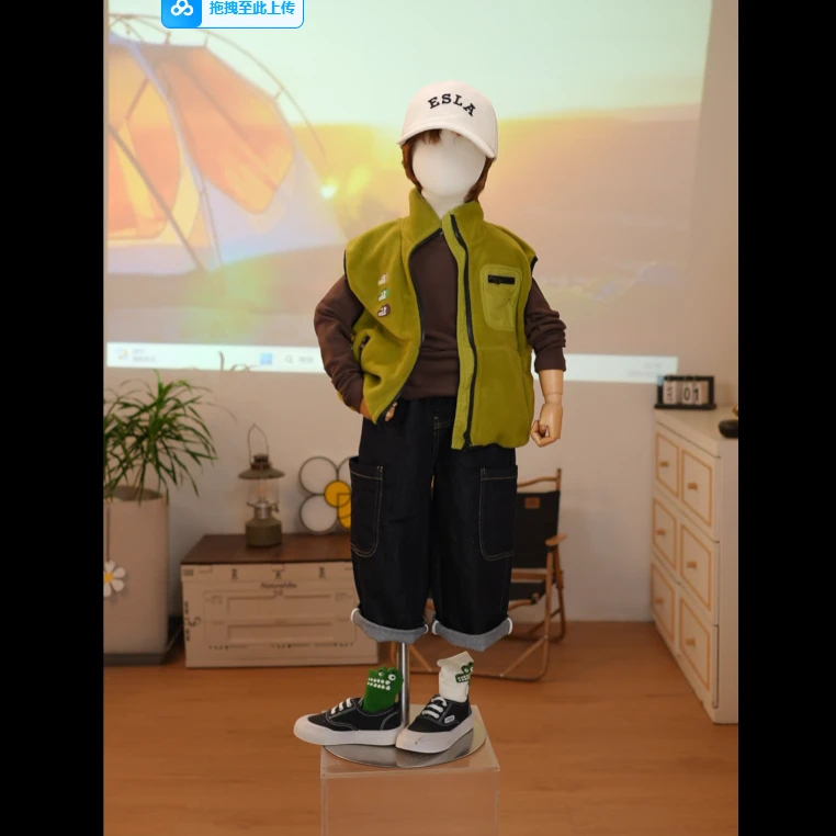 棉也   2025秋冬新款套装，打底衫+摇粒马甲+牛仔裤
