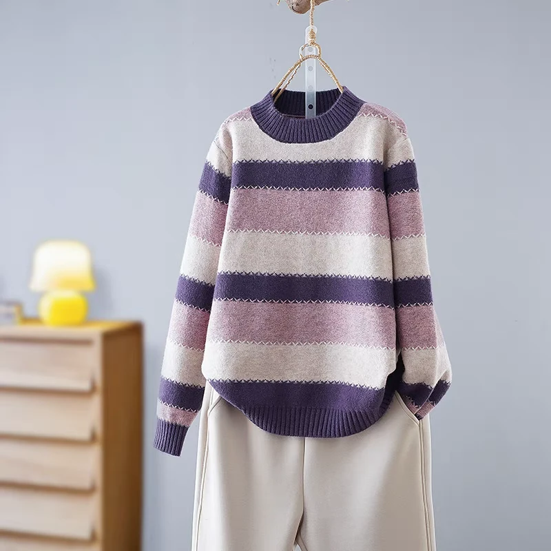 拼接厚款提花毛针织衫秋冬针织衫洋气上衣时尚条纹半高领女装