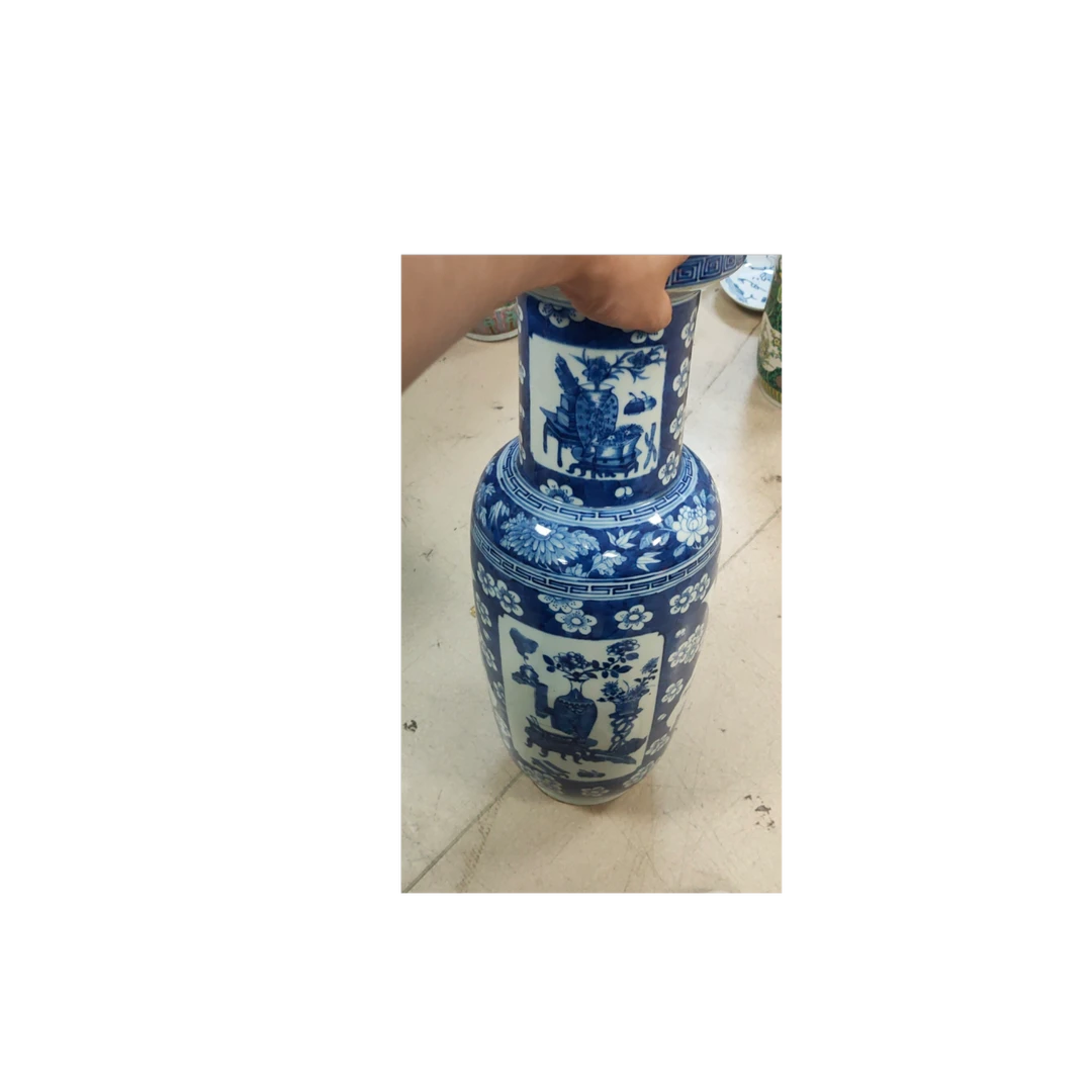 晚清 青花冰梅开窗博古纹大棒槌瓶-M25JZ001129