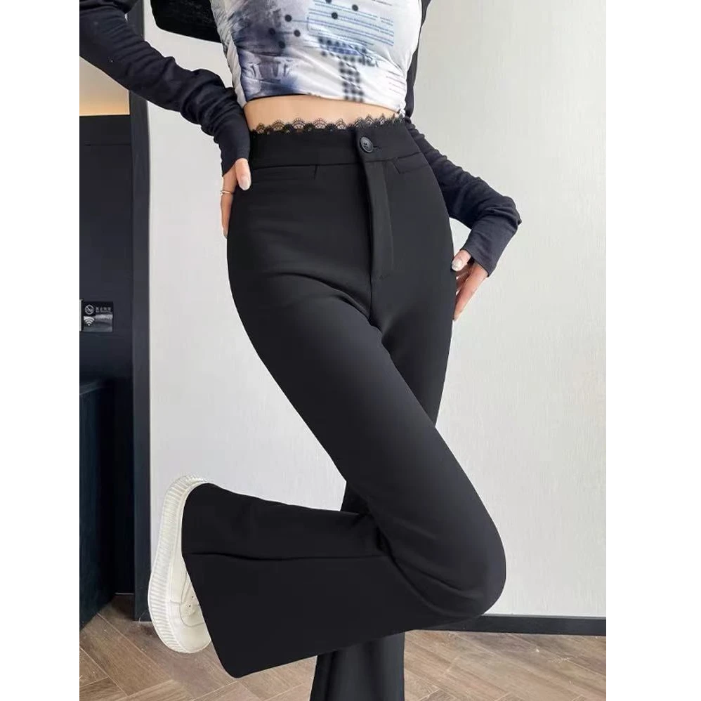 黑色蕾丝边微喇叭裤女春季2025新款高腰修身显瘦超模裤马蹄西装裤