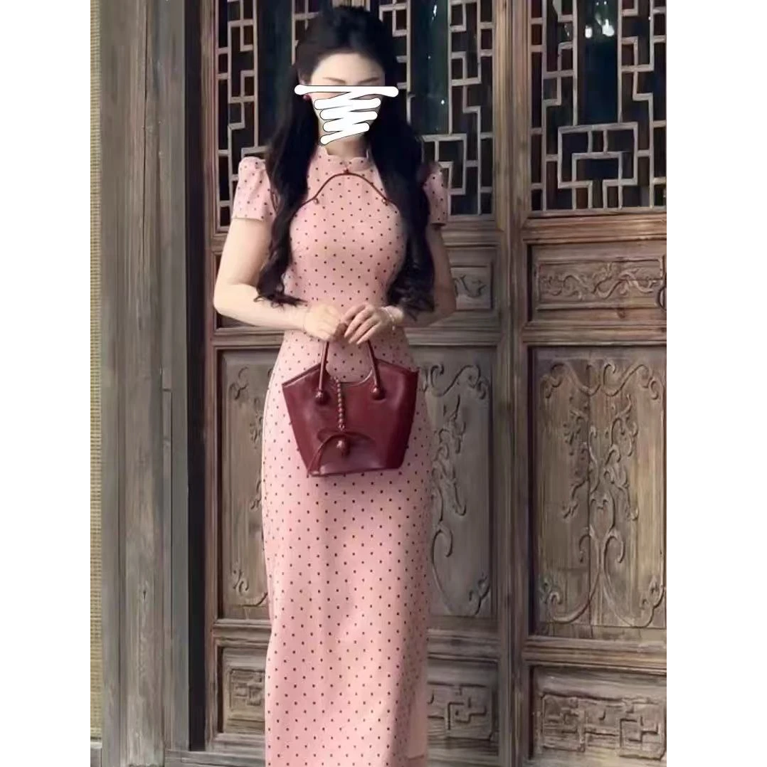 【C47】新中式2025夏粉色波点甜美风改良版旗袍日常