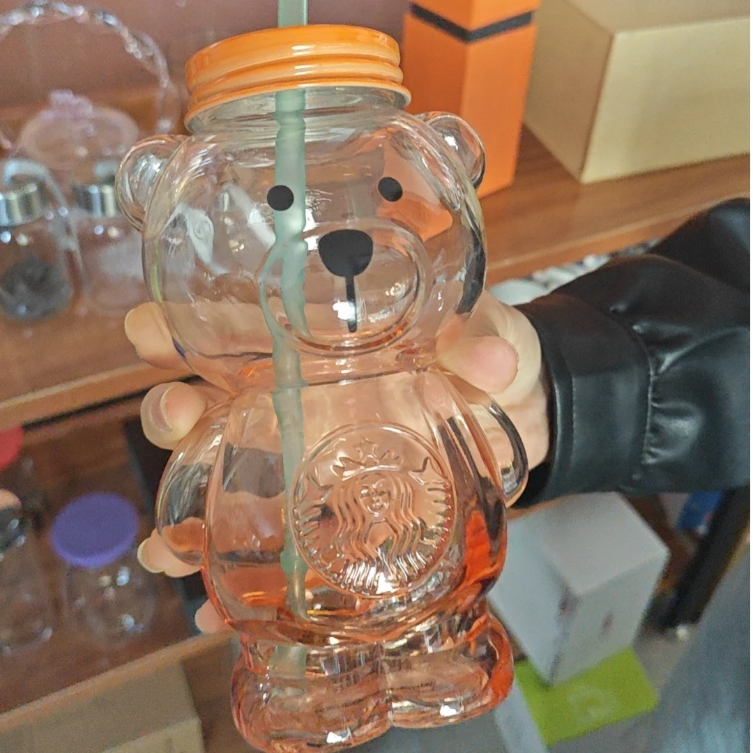 明尚德野营小熊吸管杯大容量便携喝水杯学生大肚杯超大透明可爱