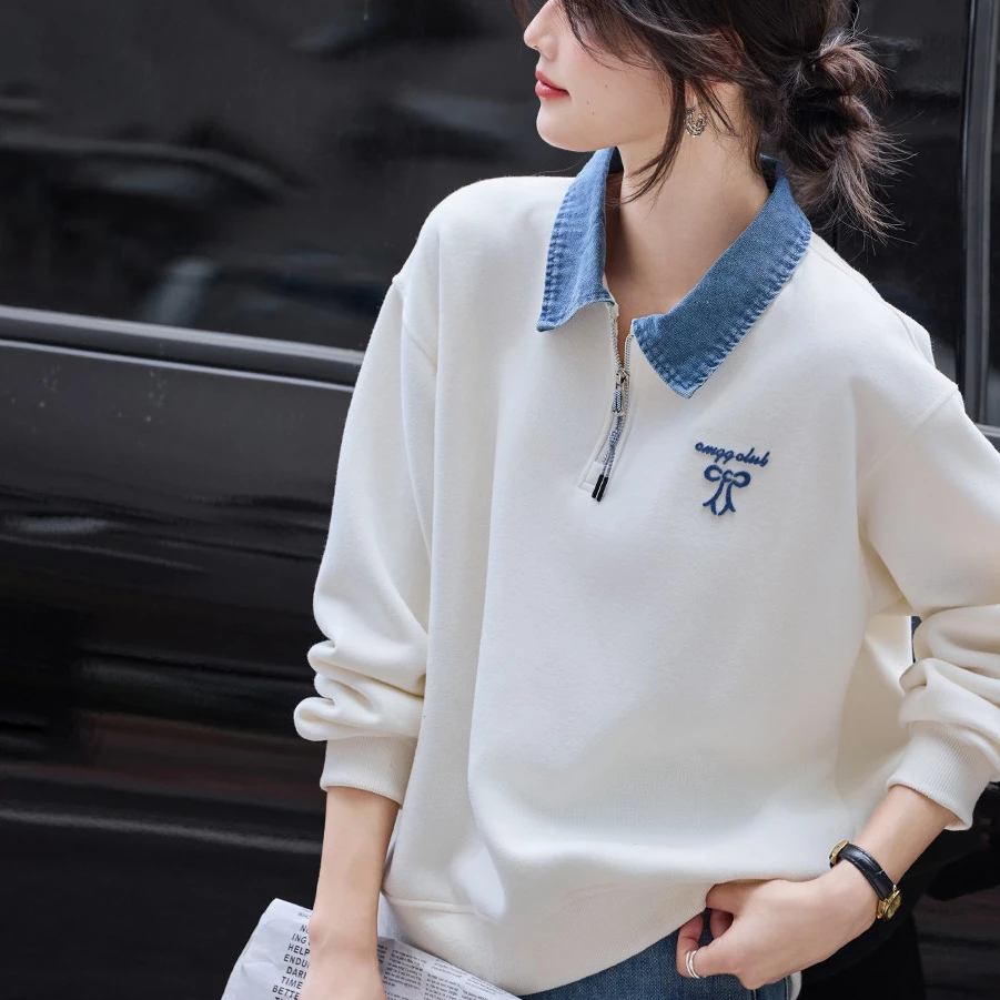 品哥弟新长袖卫衣女设计感韩版落肩袖撞色翻领拼接假两件卫衣