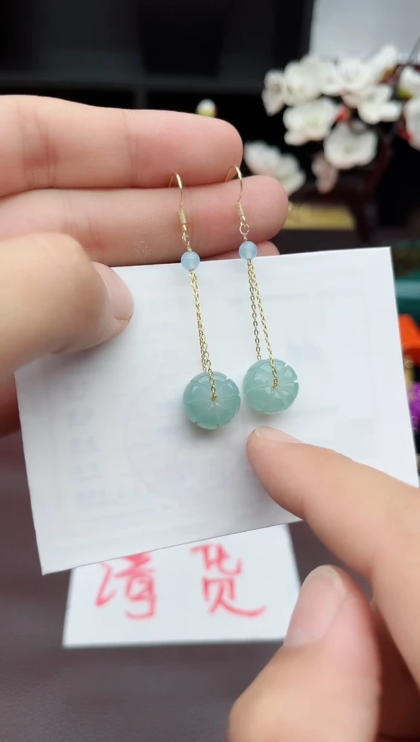 石英质玉（天山翠）银S925镶嵌耳饰F08