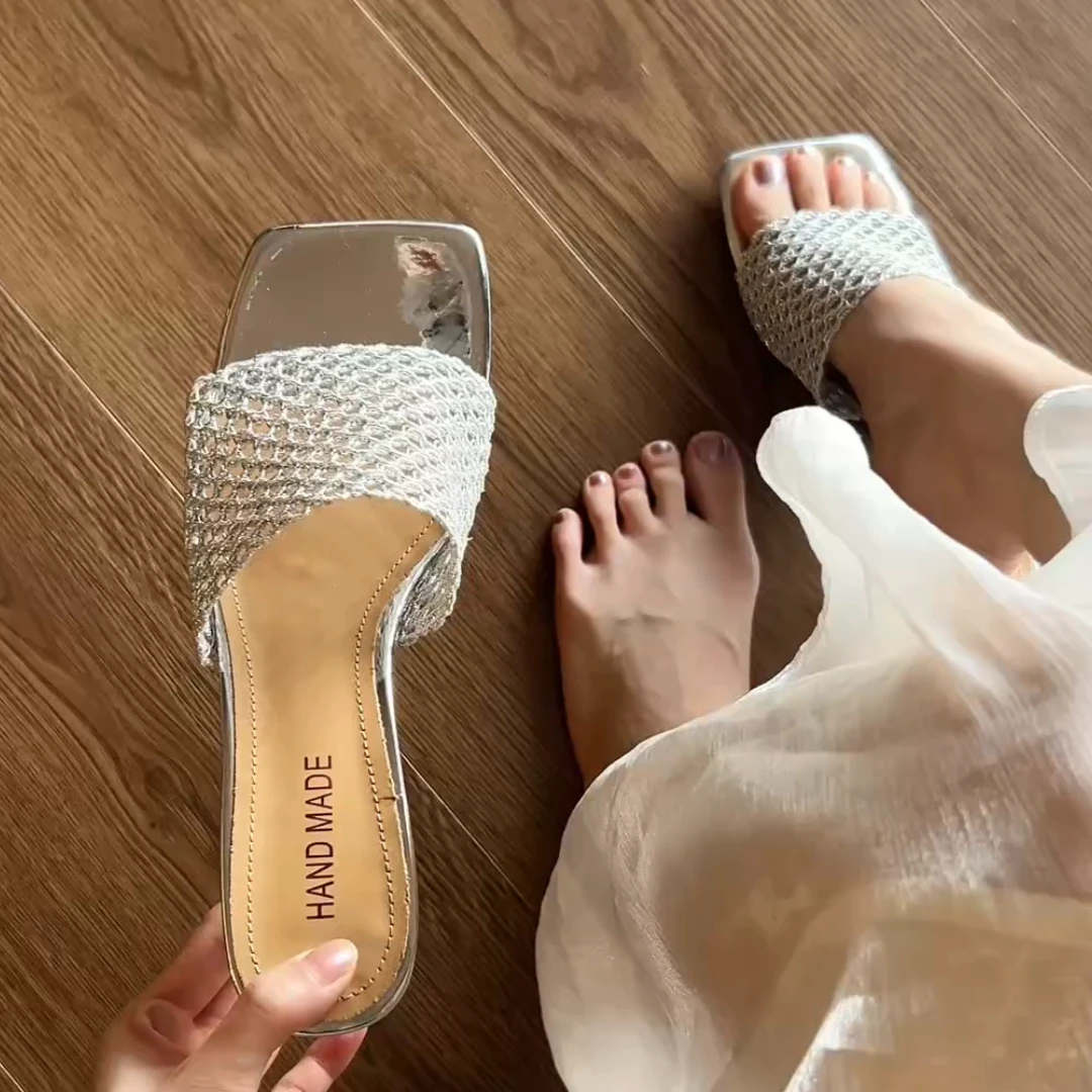 6248时尚缕空方头7cm细跟高跟凉拖鞋女一字拖露趾洞洞鞋半拖鞋女