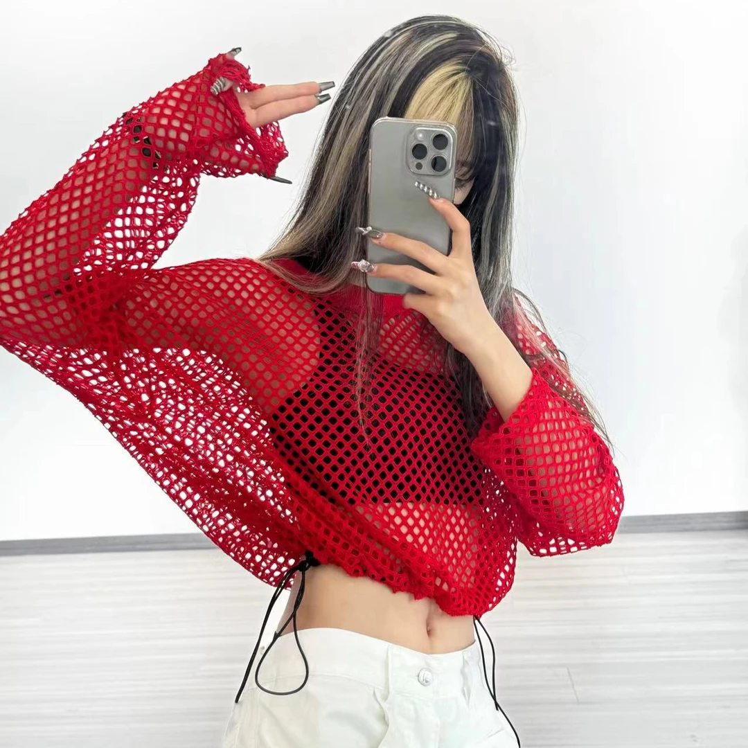 十三姨新款大网眼T恤女抽绳调节上衣打底性感镂空渔网格罩衫