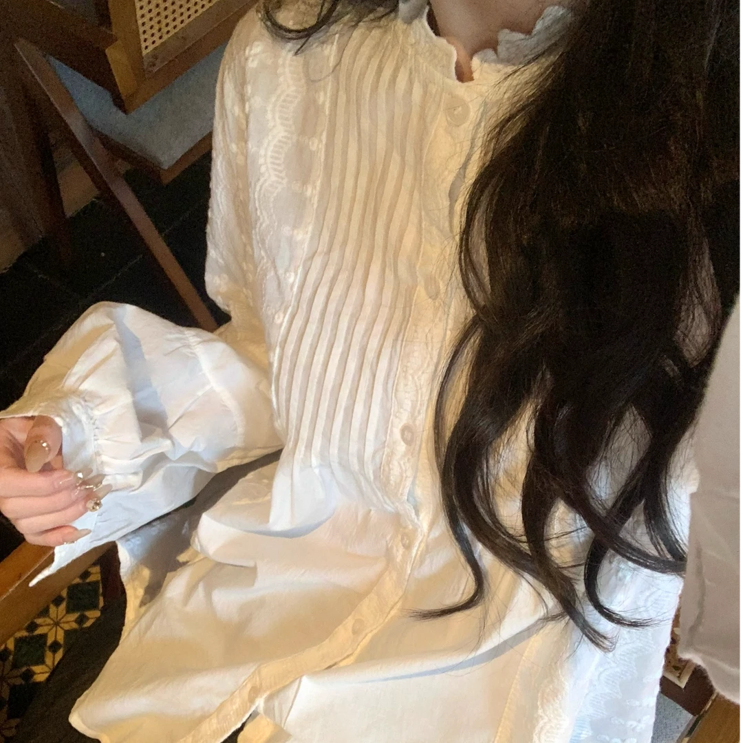 张爆爆 白色蕾丝衬衫仙女温柔长袖法式衬衫上衣显瘦