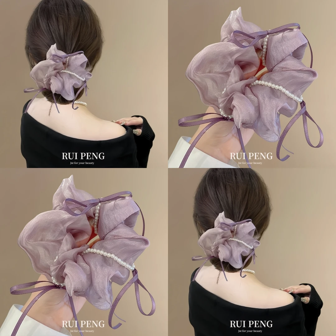 珍珠蝴蝶结紫色大肠发圈头绳女2025新款头花头饰皮筋扎头女高级感
