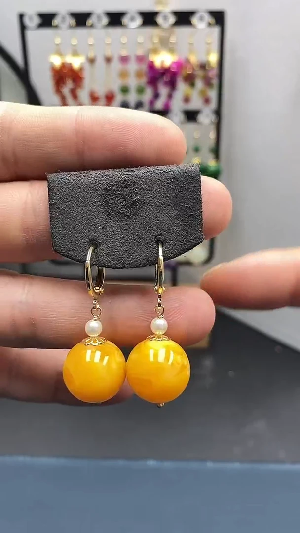 【闪购商品】蜜蜡耳饰银S925镀金镶嵌尺寸16mm耳扣06